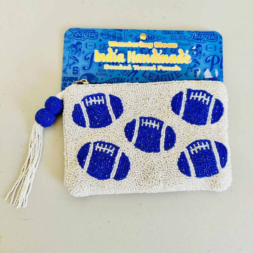 WANDERING MOON INDIA HANDMADE FOOTBALL  BEADED TRAVEL POUCH  CLUTCH WITH TASSEL